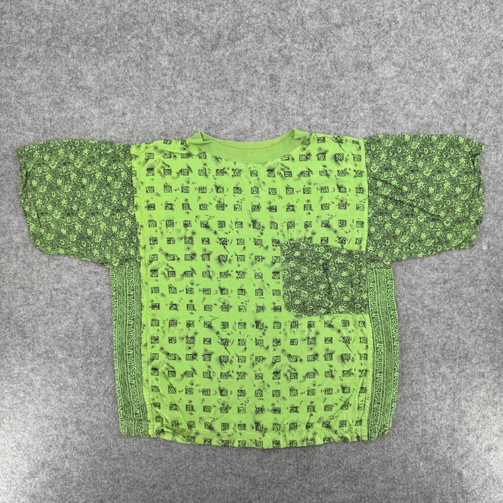 Vintage Revival Top Women M Lime Green Patchwork Mixed Print Boho Rayon S/Sleeve